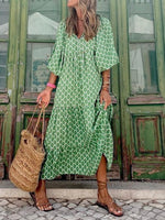 Boho Three Quarter Sleeve Crew Neck Ethnic Loose Maxi Dress