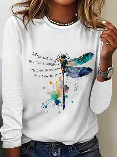 Casual Long Sleeve Crew Neck Dragonfly Loose Regular T-Shirt