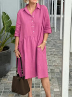 Casual Half Sleeve Shirt Collar Plain Loose Midi Dress