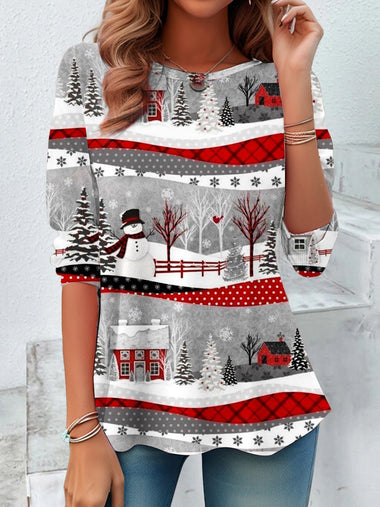 Loose Long Sleeve Crew Neck Christmas Snowman Vintage Regular T-Shirt