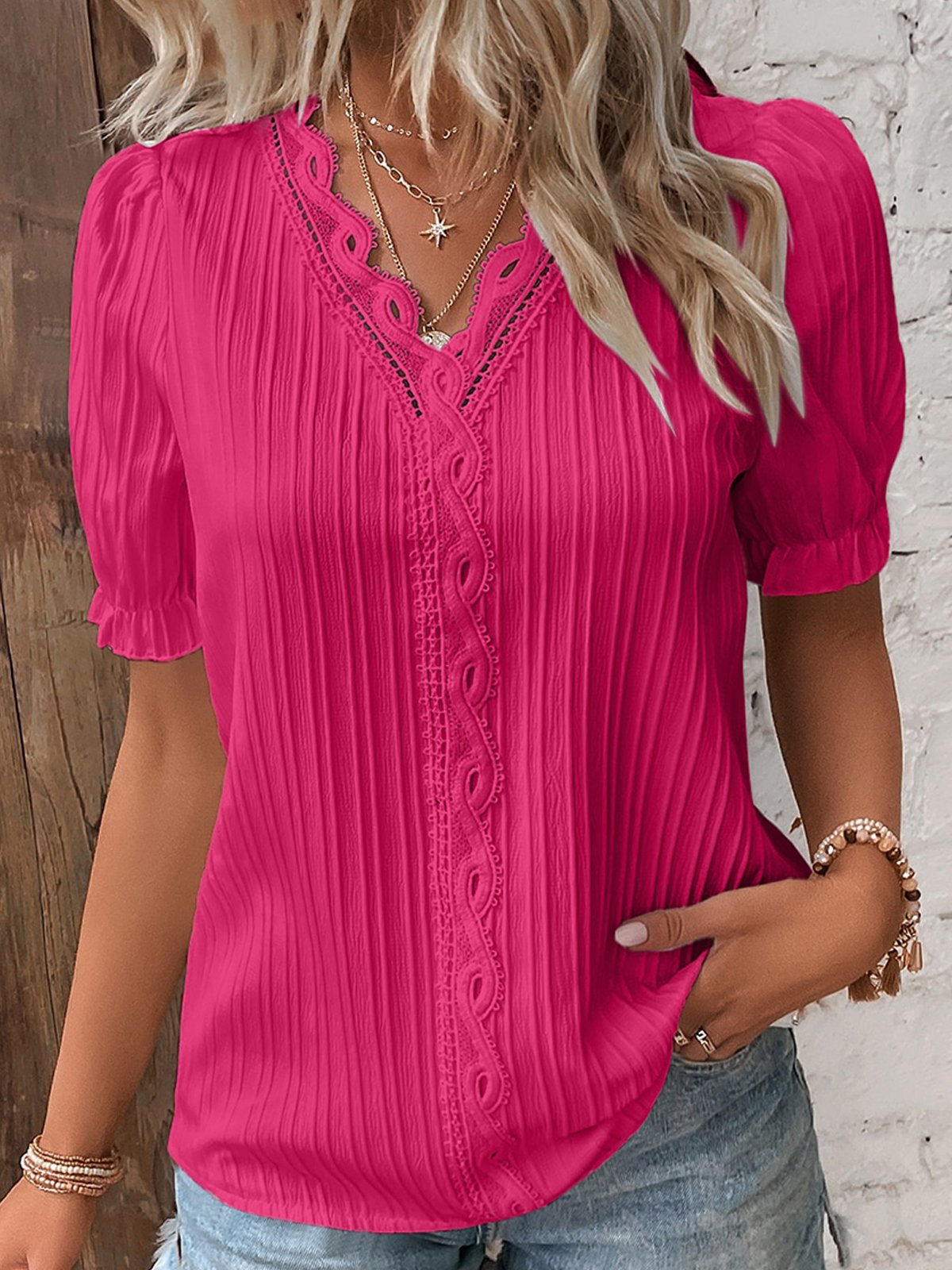 Elegant Short Sleeve V Neck Plain Loose Regular Blouse