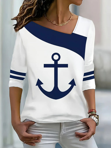 Casual Long Sleeve Anchor Loose Mid-Long Blouse