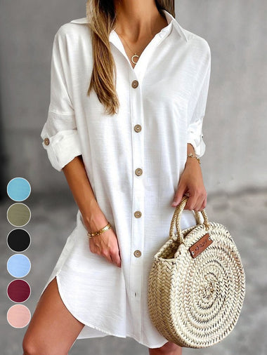 Casual Long Sleeve V Neck Plain Loose Midi Dress