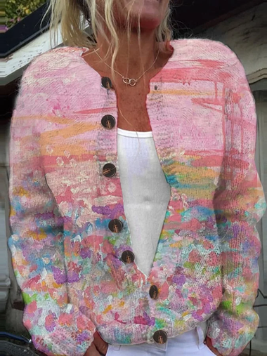 Crew Neck Long Sleeve 3D Printing Abstract Casual Regular Cardigan