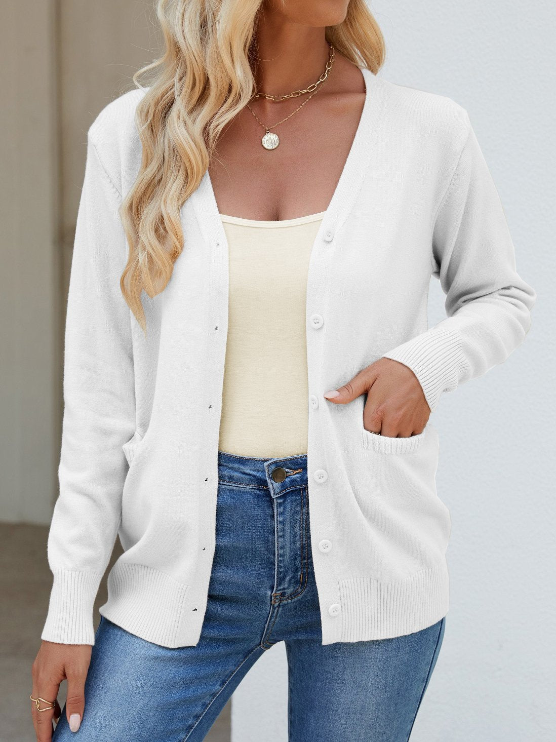 Loose V Neck Long Sleeve Plain Casual Regular Cardigan