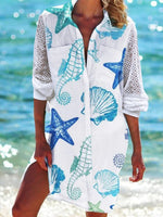 Casual Long Sleeve Marine Life Loose Short Dress