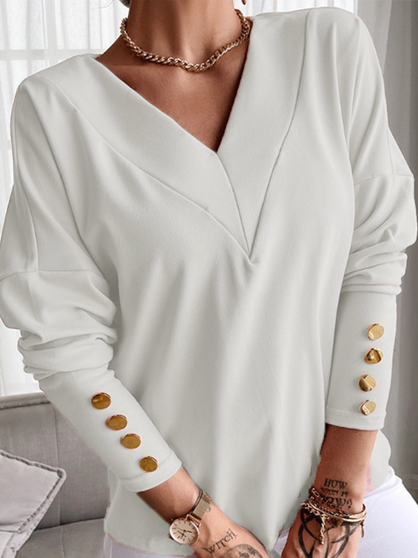 Loose Long Sleeve V Neck Plain Casual Regular Blouse