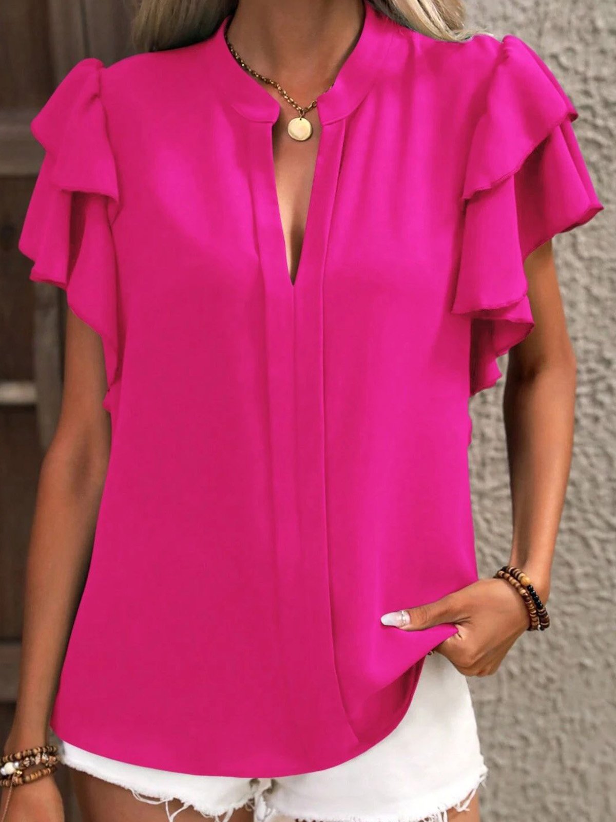 Loose Short Sleeve V Neck Plain Casual Regular Blouse