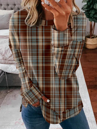 Casual Long Sleeve Crew Neck Plaid Loose Regular Sweatshirt