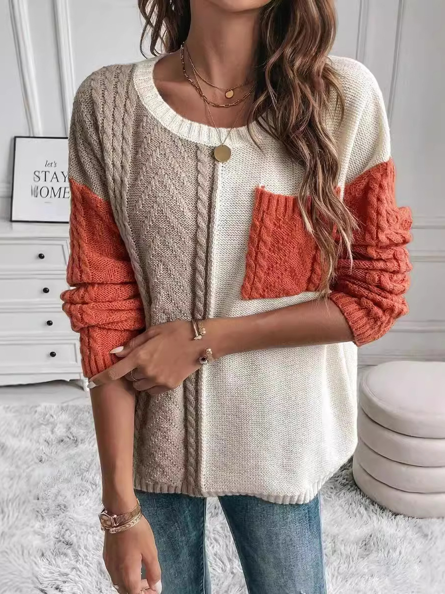 Casual Long Sleeve Crew Neck Color Block Loose Regular Sweater