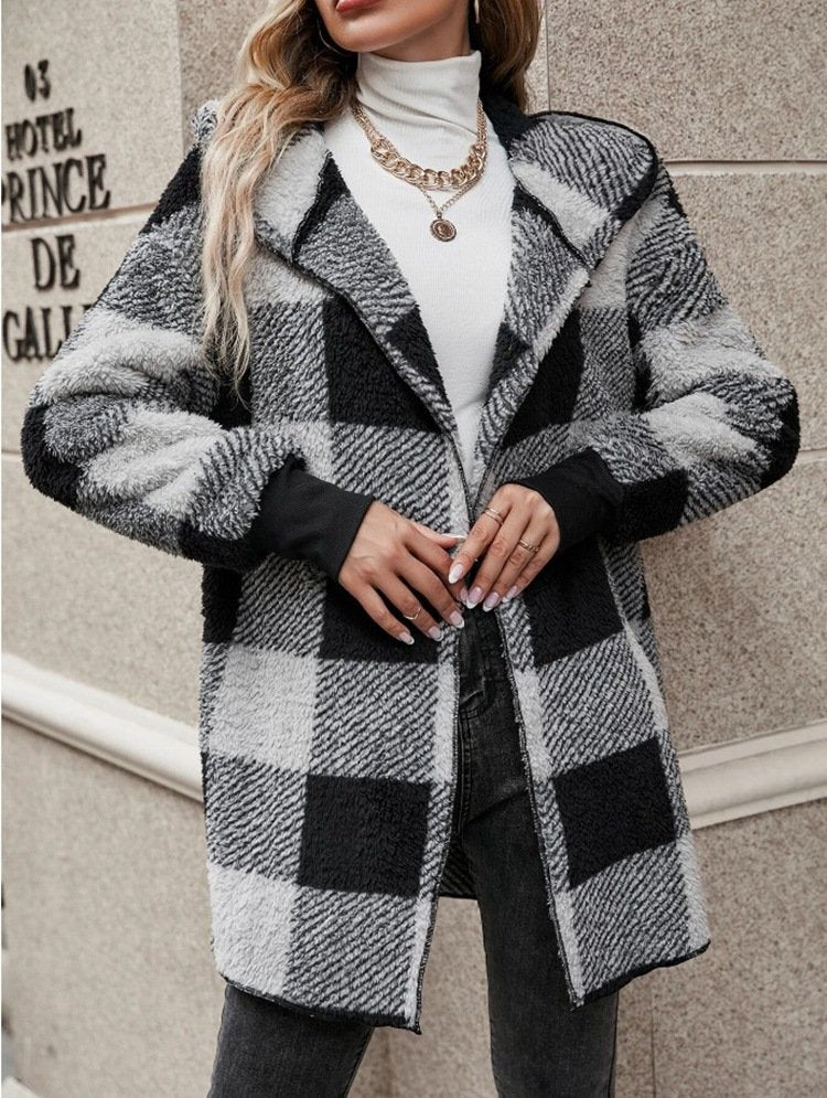 Loose Hoodie Long Sleeve Plaid Casual Mid-Long Coat