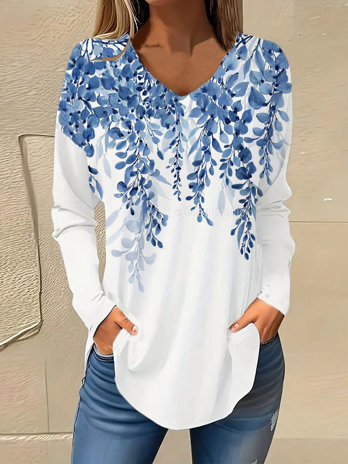 Casual Long Sleeve V Neck Floral Loose Regular Blouse