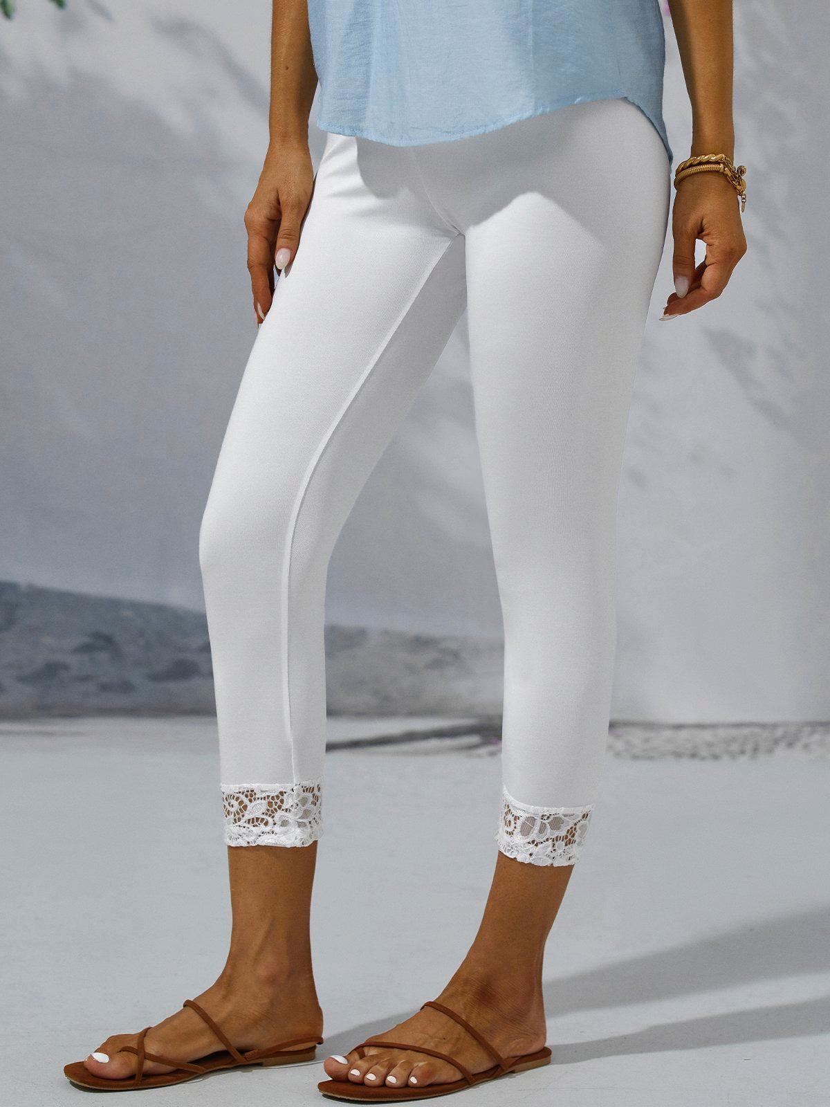 Vacation Plain Lace Tight Capris Leggings