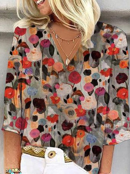 Casual Half Sleeve V Neck Floral Loose Regular Blouse