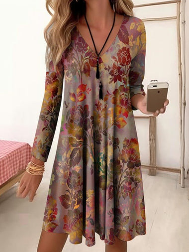 Casual Three Quarter Sleeve V Neck Ethnic Floral Mini Dress