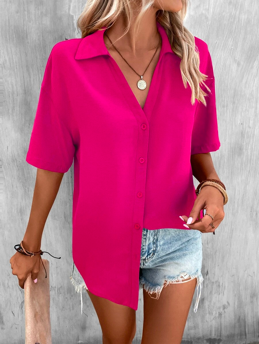 Casual Short Sleeve Shirt Collar Plain Loose Regular Shirt