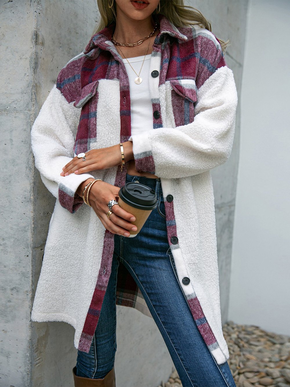 Loose Long Sleeve Plaid Zipper Casual Regular Coat