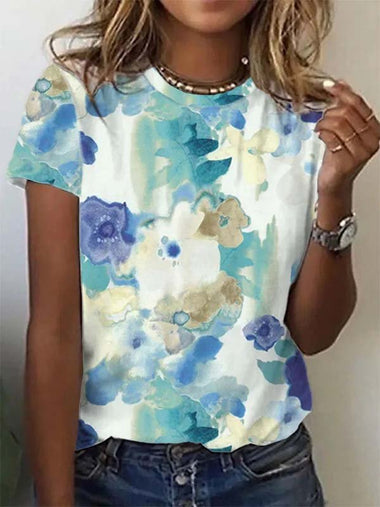 Casual Short Sleeve Crew Neck Floral Loose Regular T-Shirt