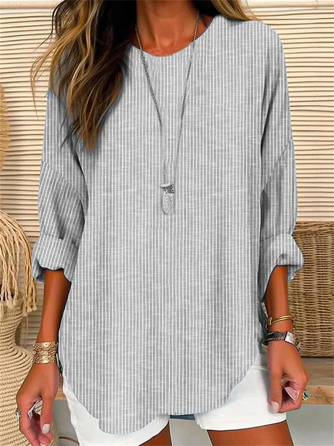 Loose Long Sleeve Crew Neck Striped Casual Regular Blouse