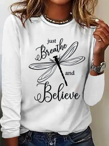 Casual Long Sleeve Crew Neck Text Letters Loose Regular T-Shirt