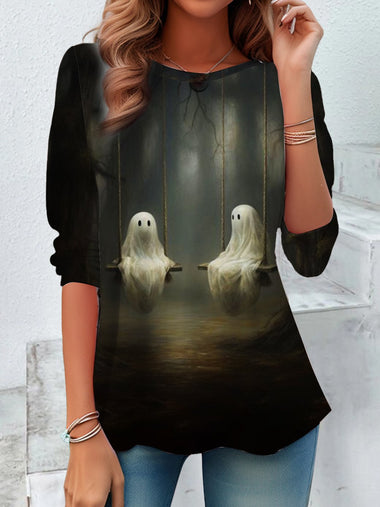 Loose Long Sleeve Crew Neck Halloween Vintage Regular Blouse