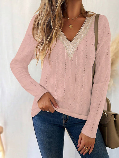 Long Sleeve V Neck Plain Casual Regular Blouse