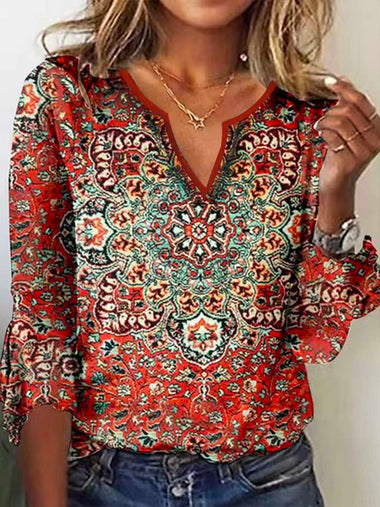 Ethnic Three Quarter Sleeve V Neck Ethnic Loose Regular T-Shirt