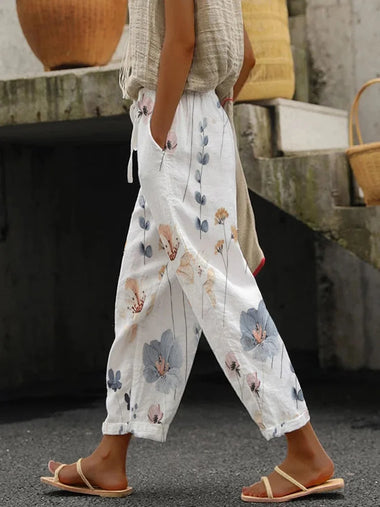 Casual Floral Printing Lace-Up Lace-Up Loose Ankle Pants