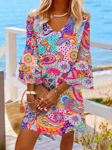 Vacation Long Sleeve V Neck Paisley Loose Short Dress