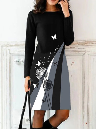 Casual Long Sleeve Crew Neck Contrast Stitching Midi Dress