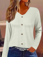 Casual Long Sleeve V Neck Plain Loose Regular Blouse