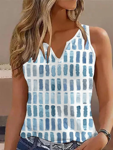 Loose Sleeveless Notched Geometric Casual Regular Tank Top