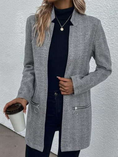 Loose Long Sleeve Herringbone Zipper Casual Mid-Long Jacket