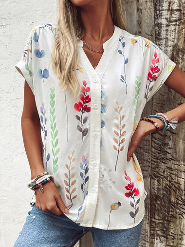 Casual Short Sleeve V Neck Floral Loose Regular Shirt