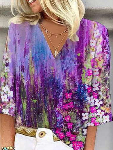 Loose Half Sleeve V Neck Abstract Floral Casual Regular Blouse