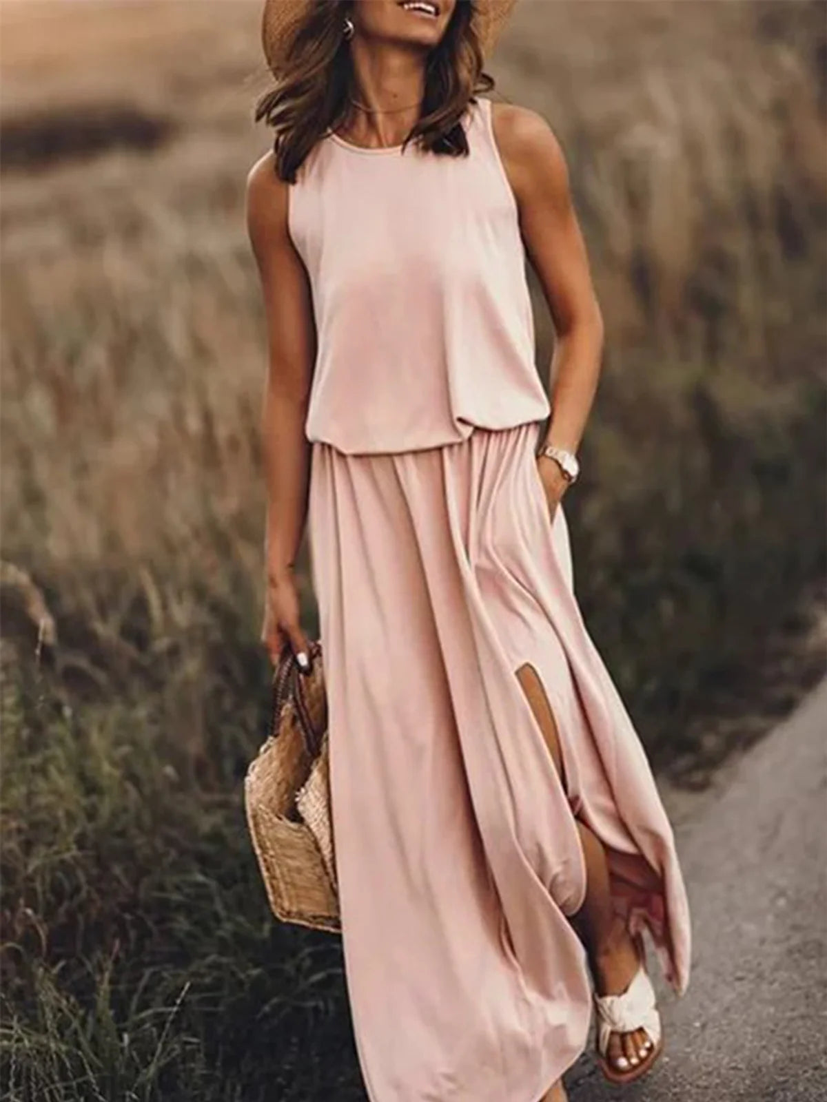 Casual Sleeveless Crew Neck Plain Maxi Dress