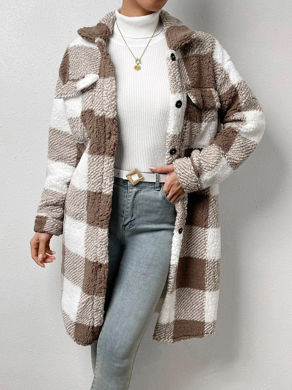 Loose Long Sleeve Plaid Casual Regular Jacket