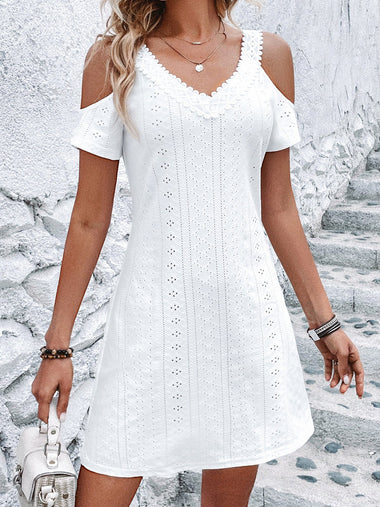 Casual Short Sleeve V Neck Plain Loose Short Dress