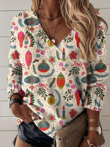 Casual Long Sleeve V Neck Ethnic Loose Regular Sweatshirt