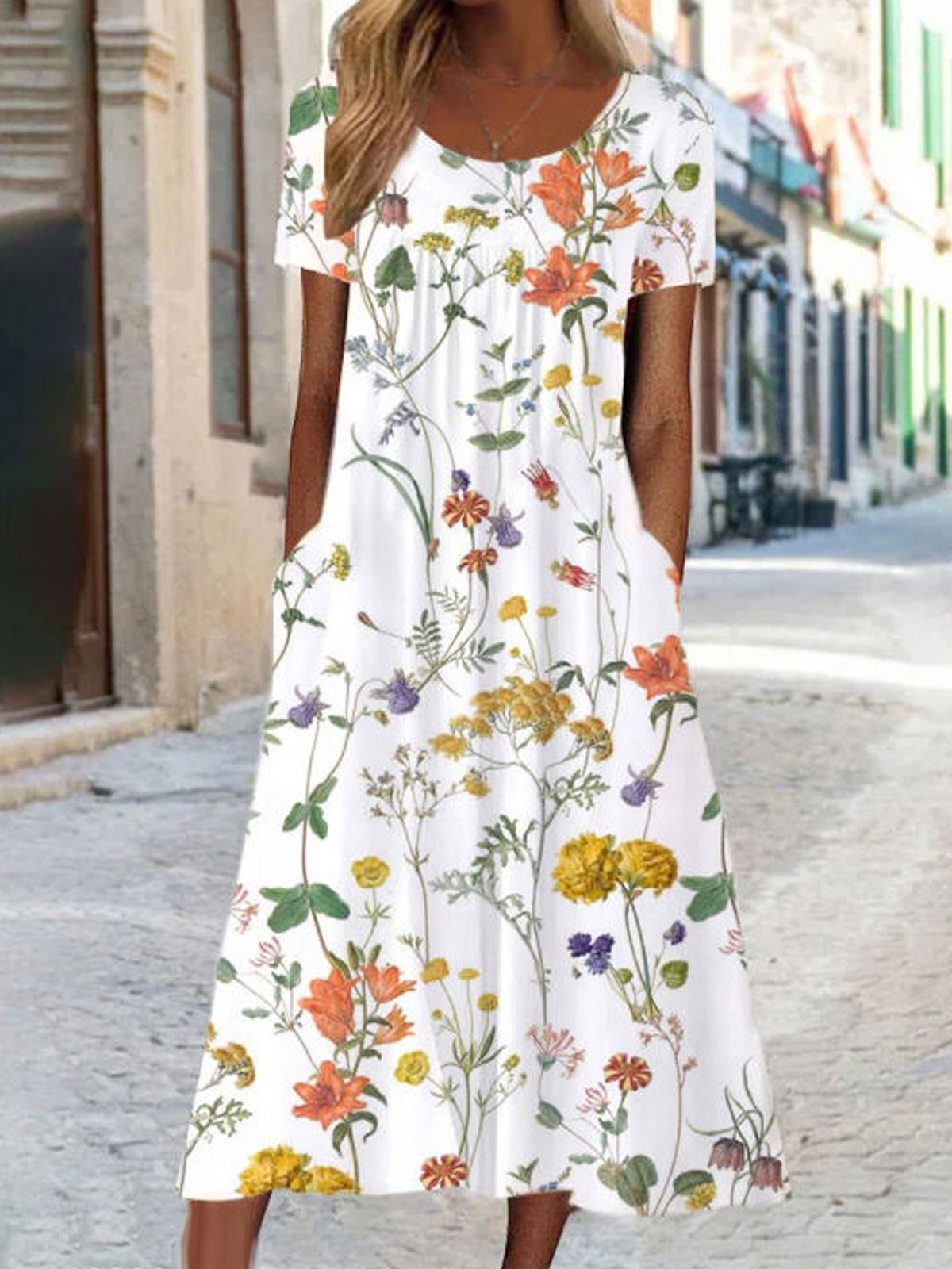 Vacation Short Sleeve Crew Neck Disty Floral Loose Midi Dress