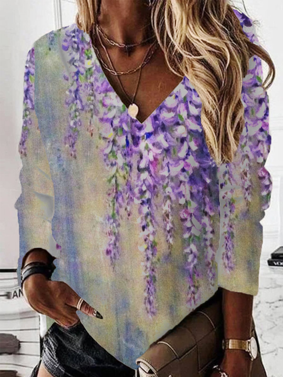 Loose Long Sleeve V Neck Floral Casual Regular Sweatshirt