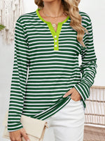 Casual Long Sleeve Notched Striped Loose Regular T-Shirt