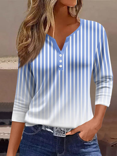 Loose Three Quarter Sleeve Notched Striped Casual Regular T-Shirt