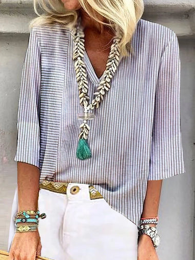 Casual Three Quarter Sleeve V Neck Striped Loose Regular Blouse