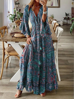 Boho Long Sleeve V Neck Floral Loose Maxi Dress