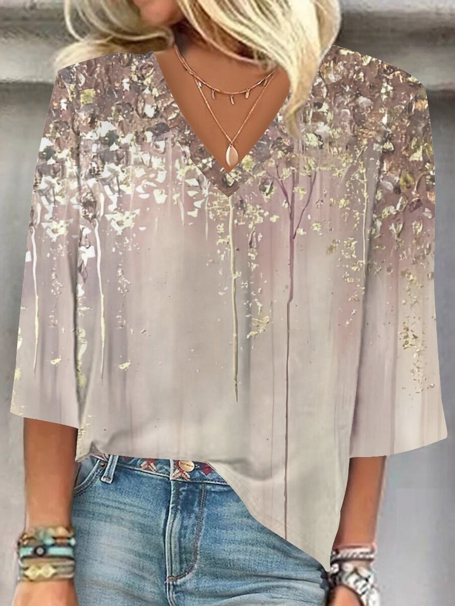 Loose Three Quarter Sleeve V Neck Ethnic Floral Casual Regular Blouse