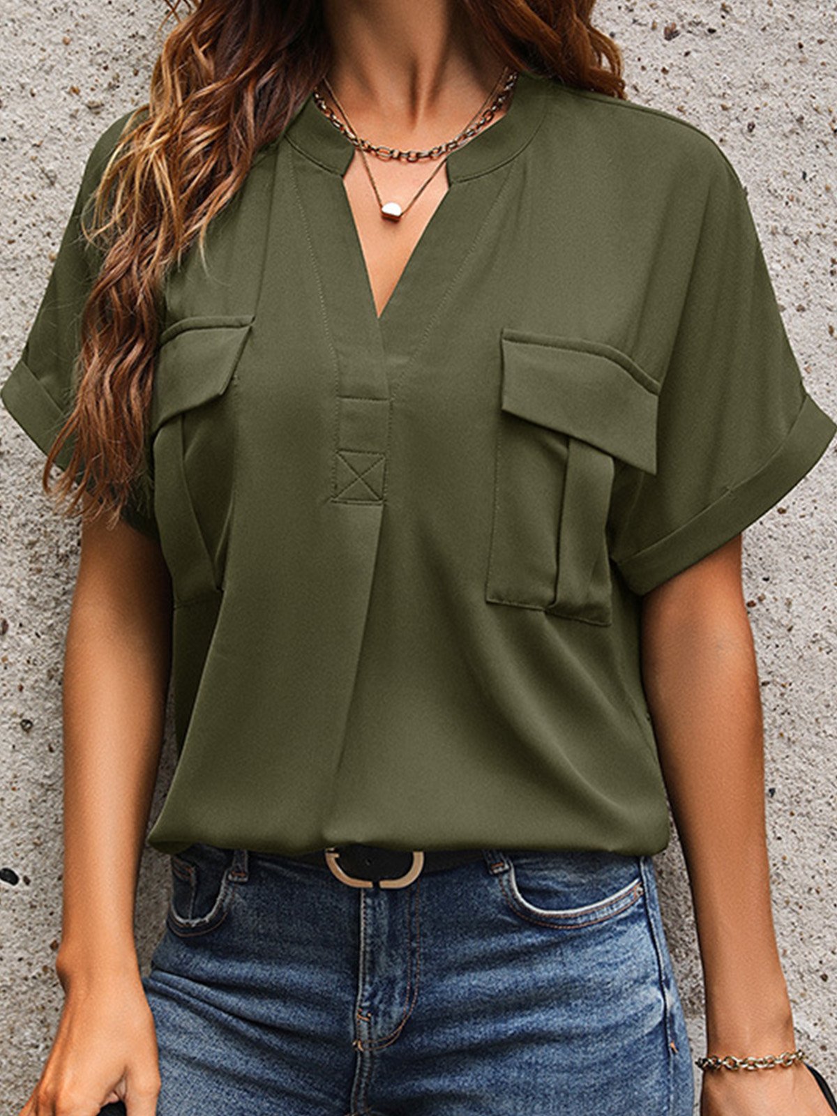 Casual Short Sleeve V Neck Plain Regular Blouse