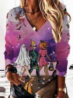 Casual Long Sleeve V Neck Halloween Loose Regular Sweatshirt