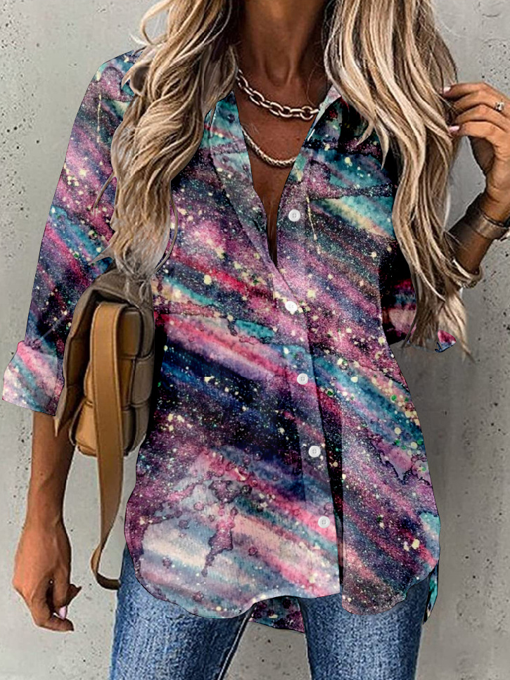 Casual Long Sleeve Shirt Collar Abstract Loose Regular Shirt