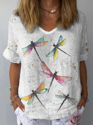 Casual Short Sleeve V Neck Dragonfly Loose Regular T-Shirt